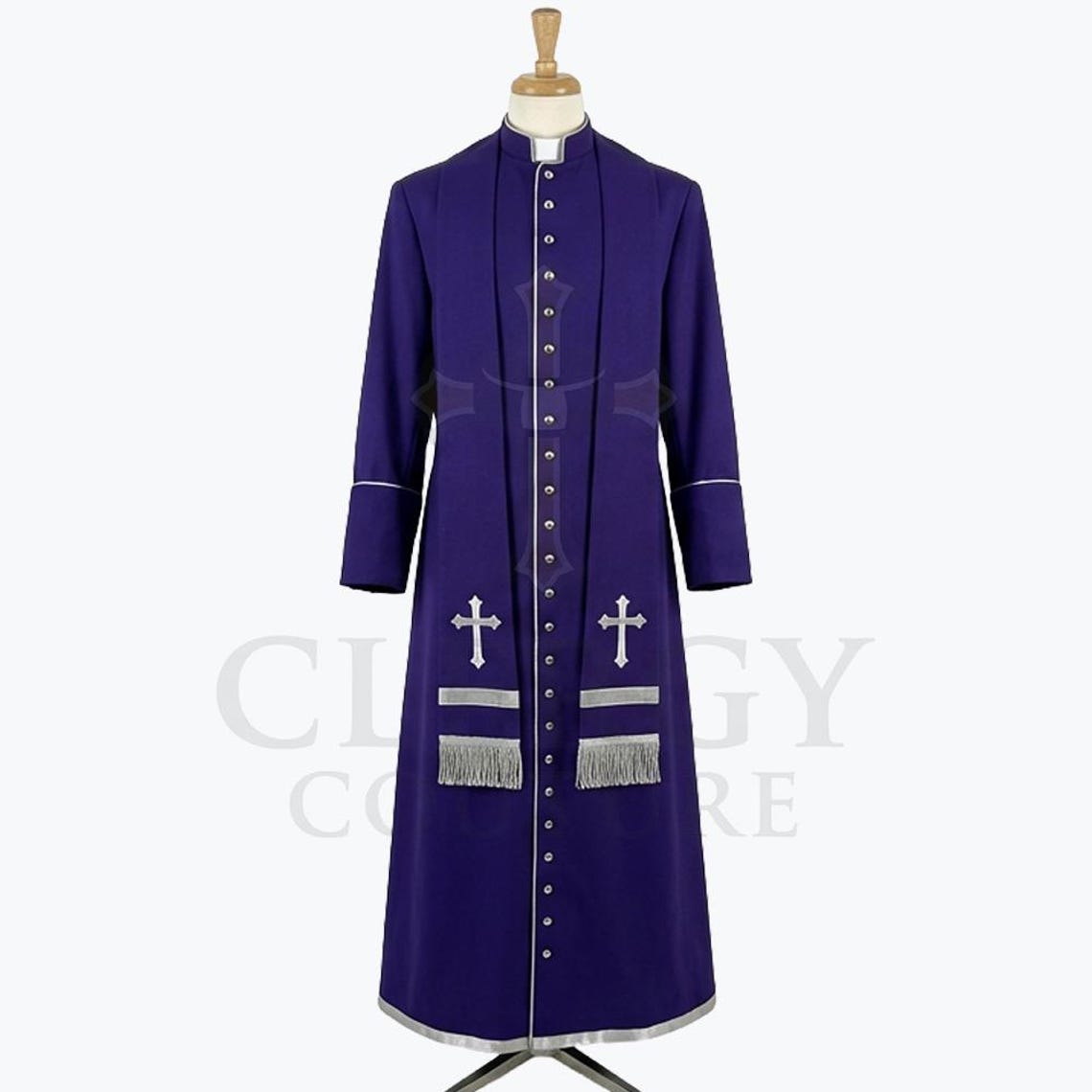 Silver Preaching Robe Men Clergy Cassock Royal Purple Pastor Bishop Robe Silver Cross ...