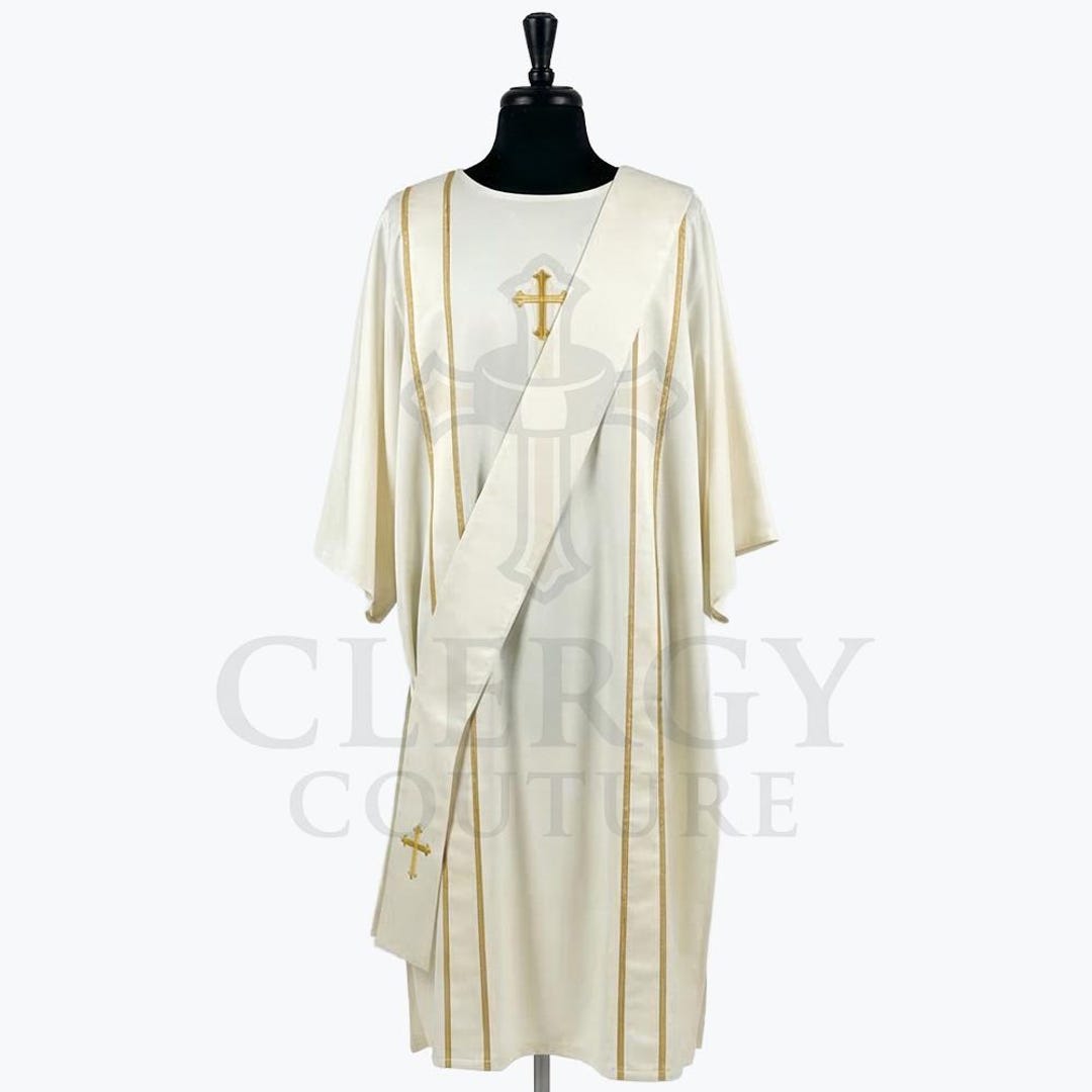 White Clergy Robe Ivory Satin | Liturgical Dalmatic Vestment Gold Cross ...