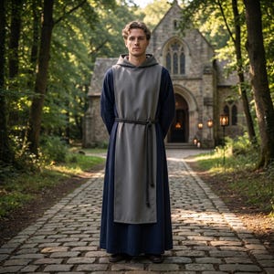 Puede incluir: Una persona con una túnica de monje medieval azul marino y gris con capucha y cinturón de cuerda, de pie sobre un camino de piedra. Un edificio de piedra y árboles en el fondo.