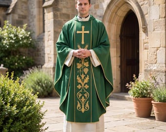 Green Chasuble with Wheat Grapes Embroidery Satin Gothic Vestment Catholic Priest Ordinary Time Mass