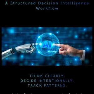 May include: A digital graphic with the text "AI Thinking System" in green. The image features a robotic hand and a human hand touching a glowing sphere with the letters "AI". The text "Think Clearly. Decide Intentionally. Track Patterns." is also included.