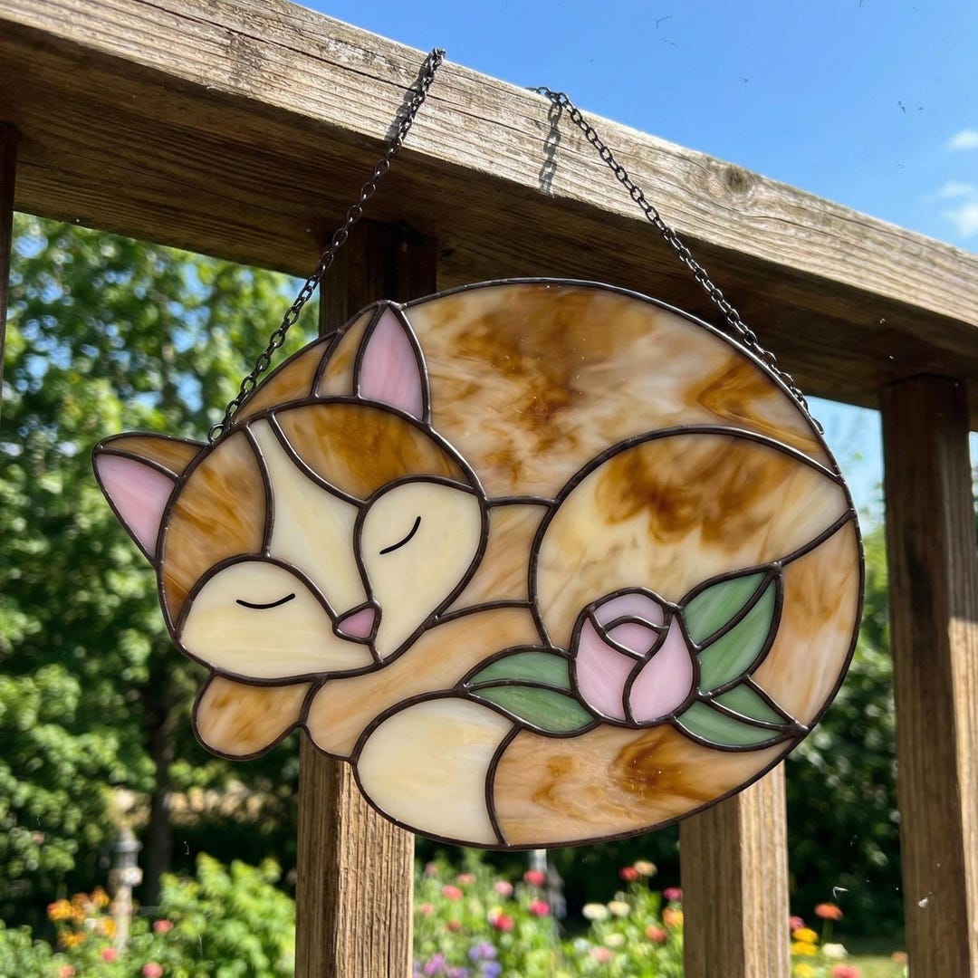 Sleeping Cat Stained Glass Pattern | Floral Suncatcher Template | Pet ...