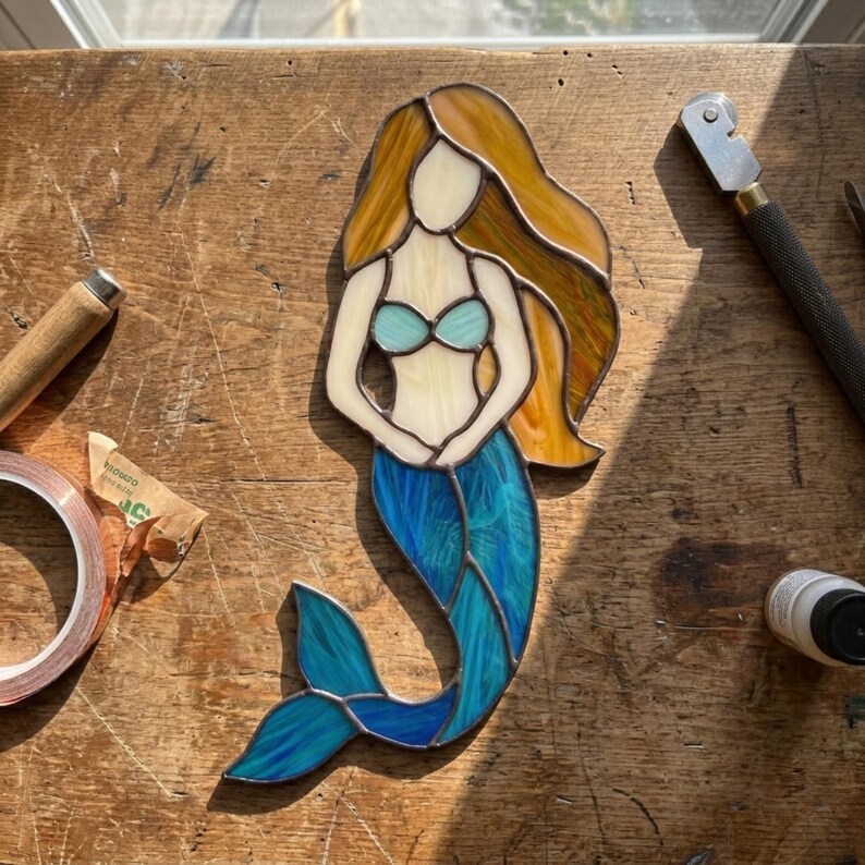 Mermaid Stained Glass Pattern | Ocean Suncatcher Template | Wall Art ...