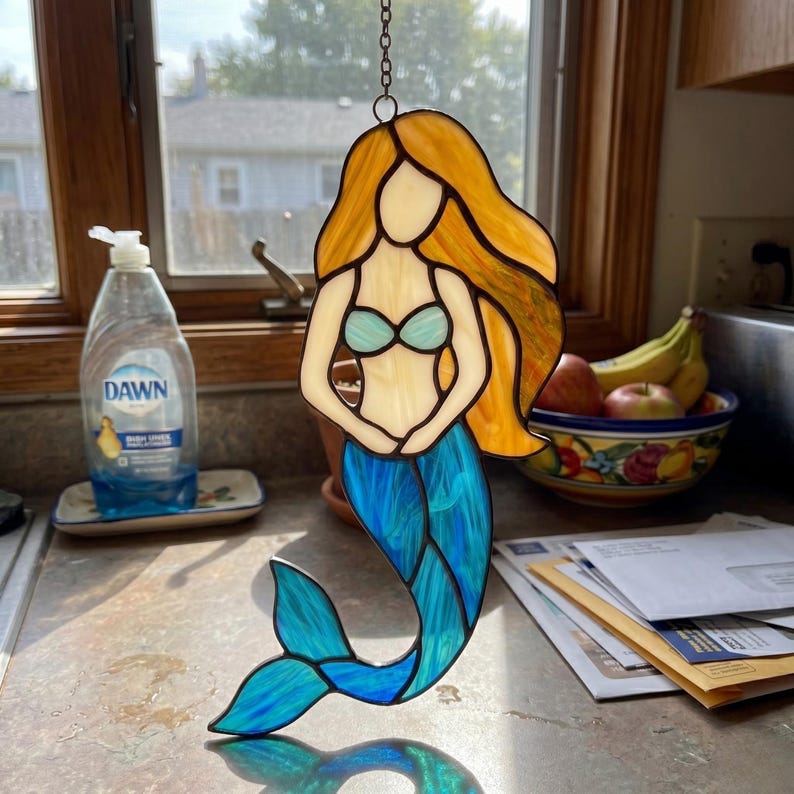 Mermaid Stained Glass Pattern | Ocean Suncatcher Template | Wall Art ...