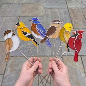 May include: A collection of six stained glass bird ornaments on metal stakes. The birds feature various colors including white and brown, bright yellow and black, blue and brown, light brown, yellow, and solid red, each with distinct glass textures.
