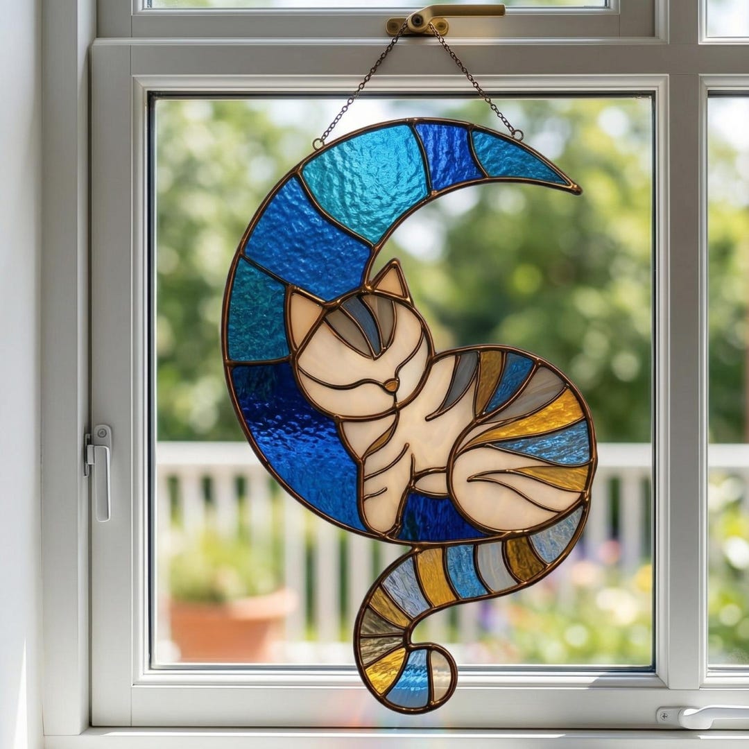 Sleeping Cat on Moon Stained Glass Pattern | Suncatcher Digital ...