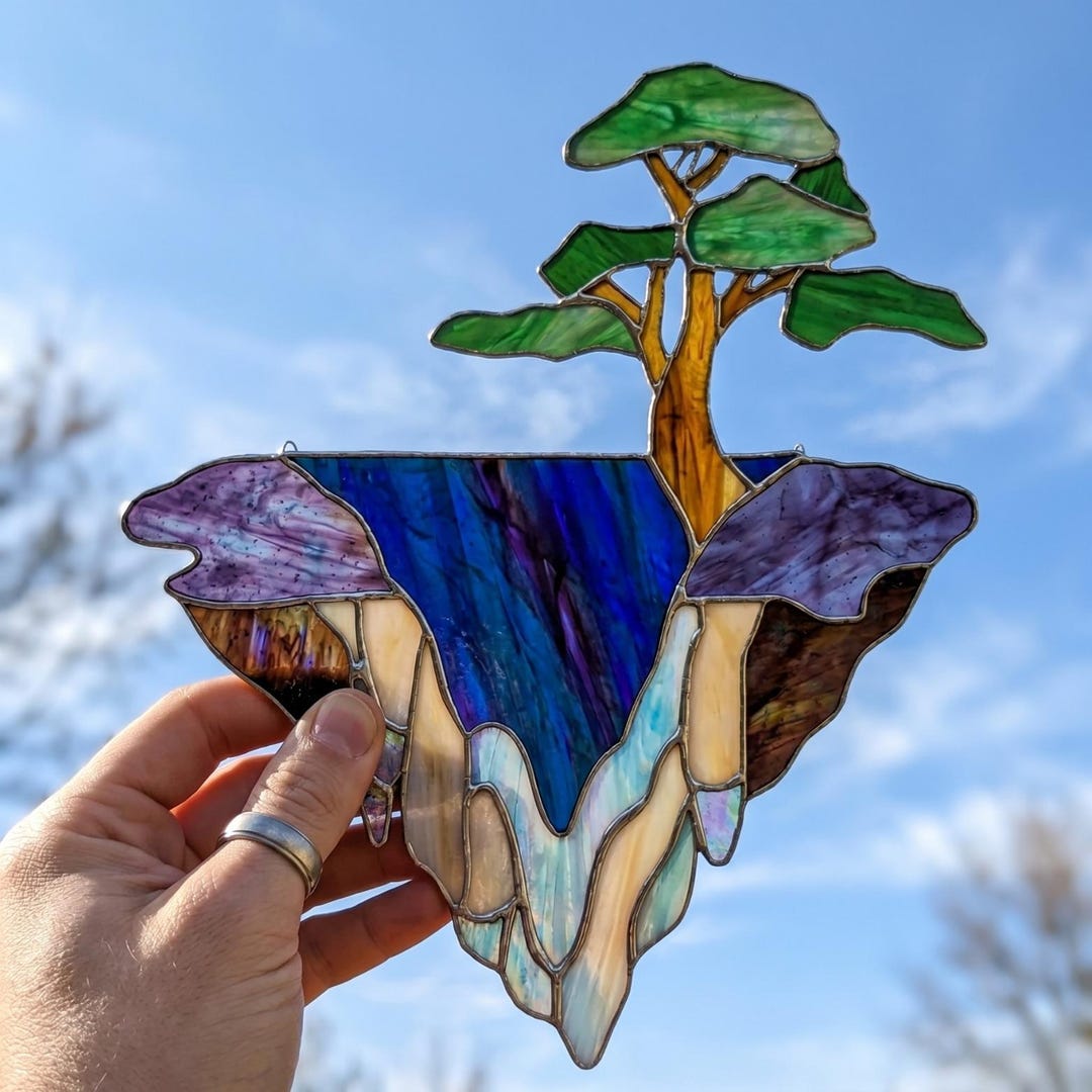 Floating Island Waterfall Stained Glass Pattern | Landscape Suncatcher ...