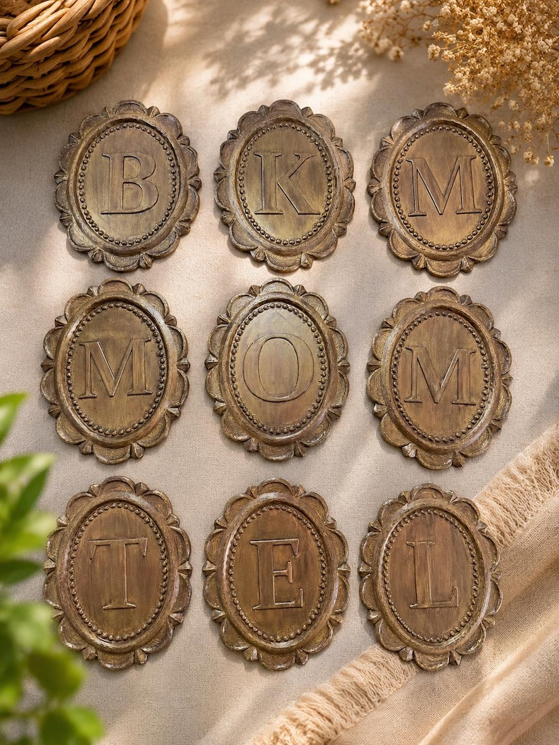 May include: Nine oval-shaped plaques arranged in a grid, each featuring a raised capital letter in the center. The letters displayed are B, K, M, M, O, M, T, E, and L. Each plaque has a dark bronze finish with a beaded border and scalloped edges.