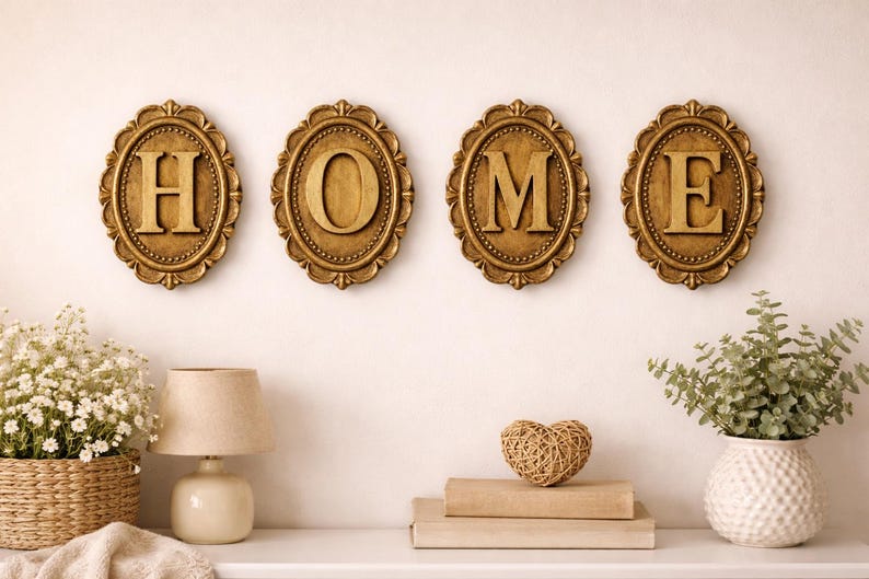 May include: Four oval wall plaques with gold-toned ornate frames, each featuring a single raised letter spelling the word HOME. The letters H, O, M, and E are centered within the frames, which have a textured, beaded edge design.