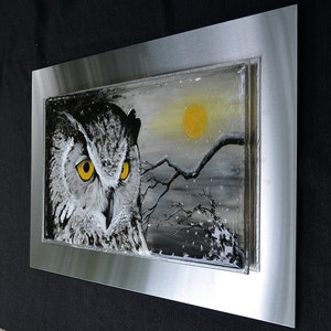 Great Horned Owl 30x18 Fused Glass Wall Hanging Art Impressionist Enamel Painting on Glass image 5