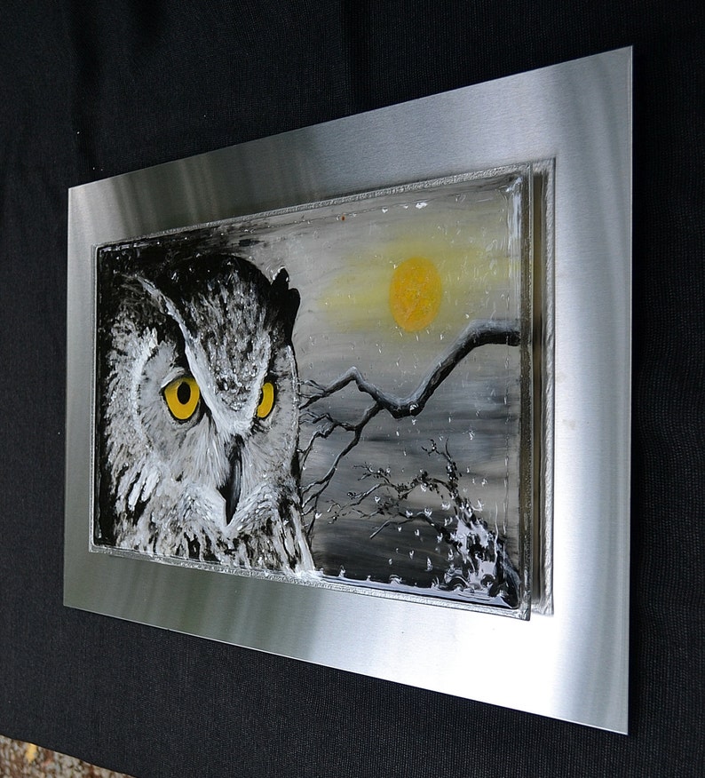 Great Horned Owl 30x18 Fused Glass Wall Hanging Art Impressionist Enamel Painting on Glass image 5