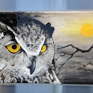 Great Horned Owl 30x18 Fused Glass Wall Hanging Art Impressionist Enamel Painting on Glass image 4