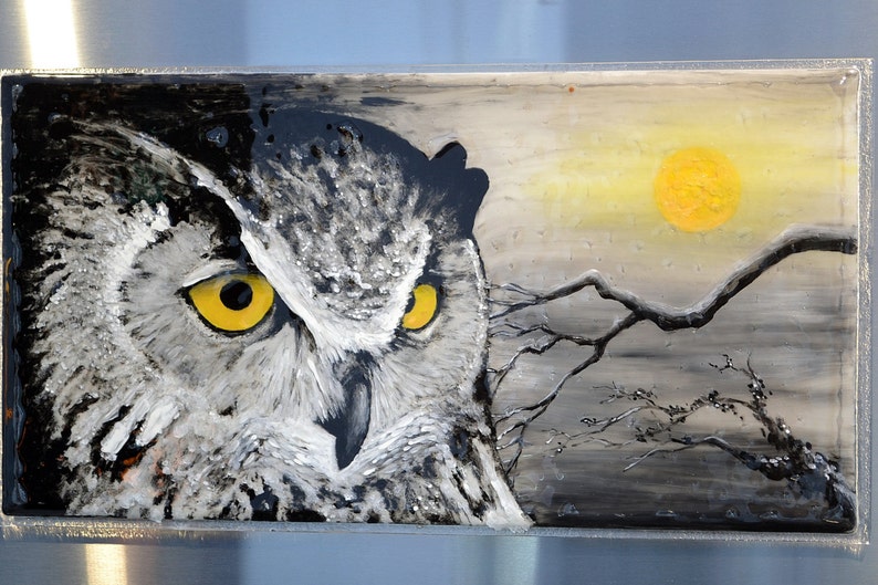 Great Horned Owl 30x18 Fused Glass Wall Hanging Art Impressionist Enamel Painting on Glass image 4