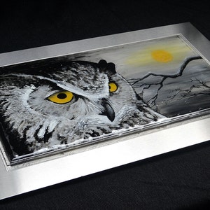 Great Horned Owl 30x18 Fused Glass Wall Hanging Art Impressionist Enamel Painting on Glass image 3