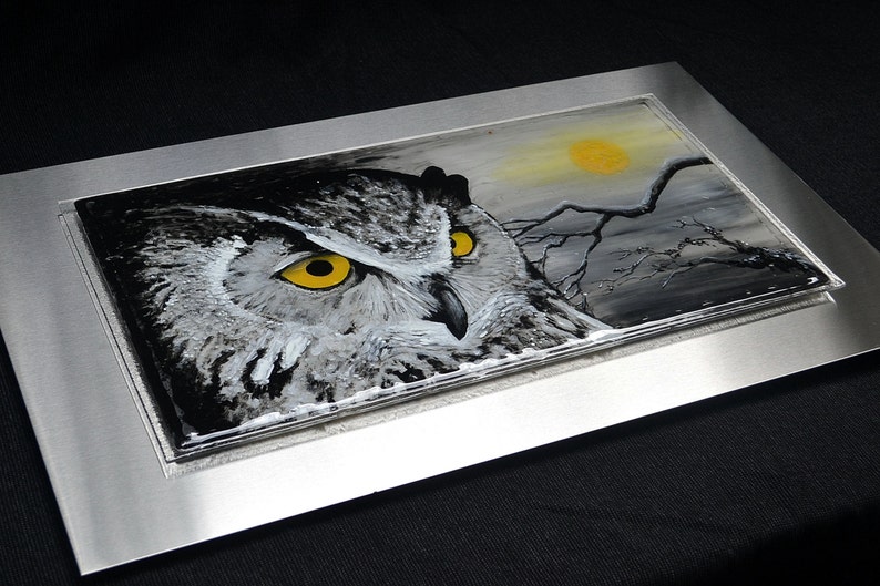 Great Horned Owl 30x18 Fused Glass Wall Hanging Art Impressionist Enamel Painting on Glass image 3