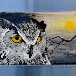 Great Horned Owl 30x18 Fused Glass Wall Hanging Art Impressionist Enamel Painting on Glass image 1