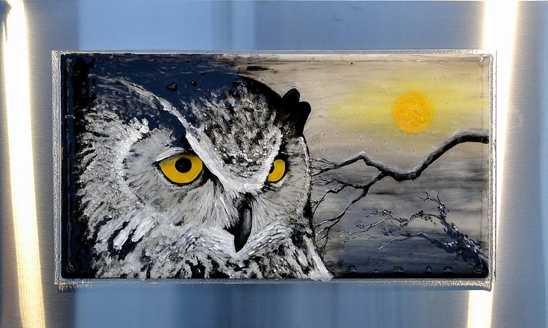 Great Horned Owl 30x18 Fused Glass Wall Hanging Art Impressionist Enamel Painting on Glass image 1