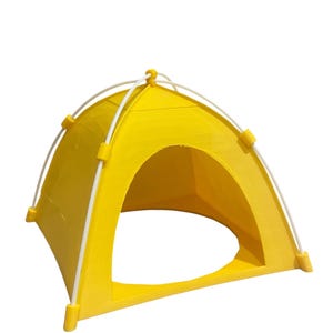 May include: A small, yellow tent with a rounded shape. The tent has white support poles and yellow connectors. The entrance is an open oval shape. The tent is designed for pets.