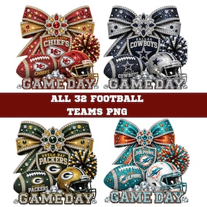 May include: A digital graphic featuring four sets of football team-themed elements, each including a large glittery bow, a team logo shield, a football, a helmet, and pom-poms. The text "GAME DAY" appears in diamond-encrusted letters below each set.