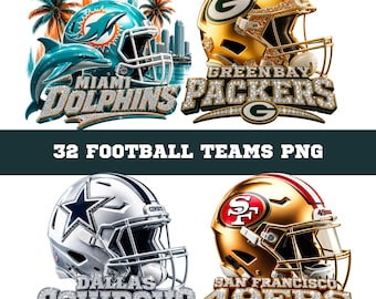 Puede incluir: Un gráfico digital que presenta cuatro cascos y logotipos de equipos de fútbol profesional, incluidos los Miami Dolphins, Green Bay Packers, Dallas Cowboys y San Francisco 49ers, con el texto 32 FOOTBALL TEAMS PNG en el centro.