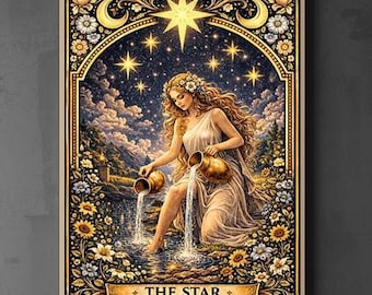 The Star Tarot Card Print, Celestial Goddess Wall Art, Vintage Boho Poster