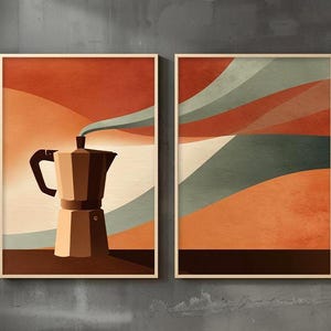 May include: Two framed rectangular wall art prints featuring a moka pot coffee maker in the left panel and abstract flowing waves in the right panel. The colour palette consists of warm orange, deep brown, and muted teal tones on a light background.