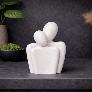 May include: A white abstract sculpture of two figures embracing. The textured art piece is on a dark gray surface. Decorative vases with plants and greenery are in the background, creating a serene, minimalist aesthetic.