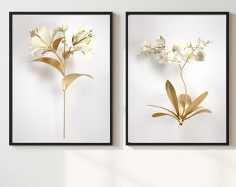 Abstract Flower Printable Wall Art Set – White Gold Minimalist Prints (Digital Download)