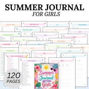 Puede incluir: Un conjunto de páginas de diario de verano coloridas para niñas, con varias indicaciones de actividades y entradas diarias. La portada del diario está decorada con ilustraciones de verano y el texto "Summer Journal for Girls". El diario contiene 120 páginas.