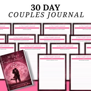 May include: A 30 Day Couples Journal with a burgundy cover showing a couple silhouetted against a pink moon. The journal is surrounded by pages with pink headers and lined paper, with the title "30 Day Couples Journal".
