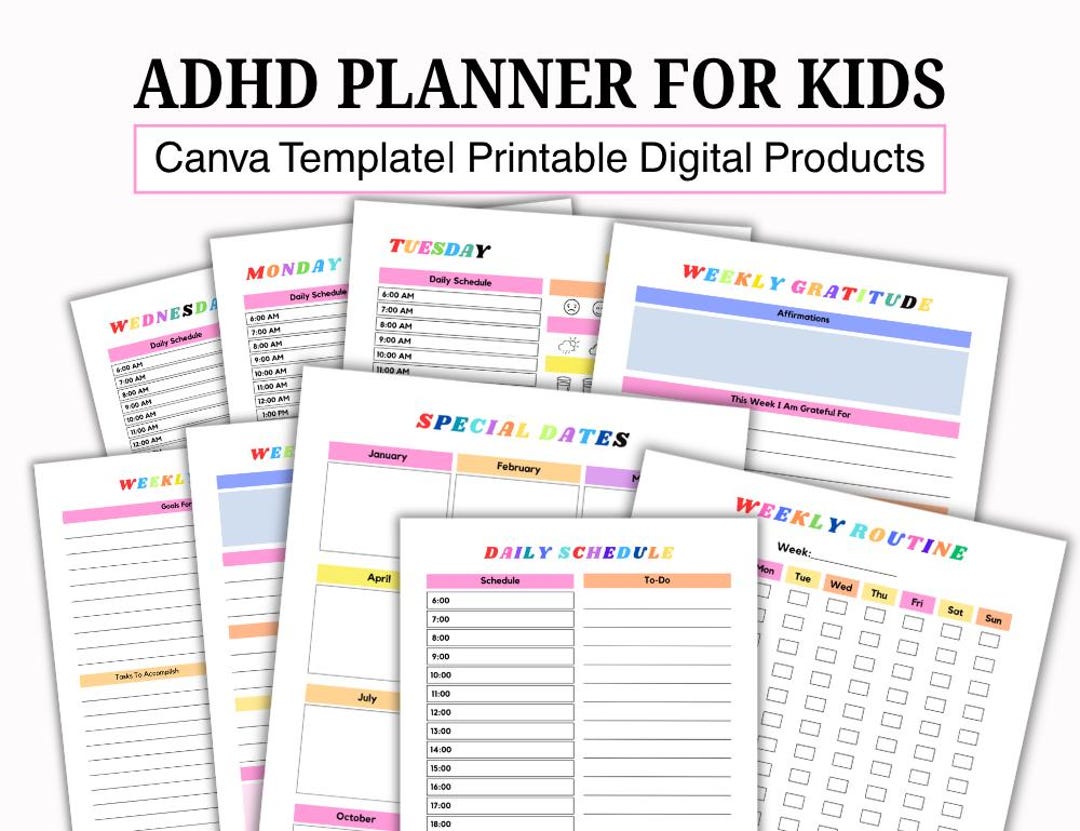 ADHD Kids Planner, Daily Weekly Routine Chart, Editable Canva Template ...