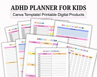 ADHD Kids Planner, Daily Weekly Routine Chart, Editable Canva Template (Digital Download)