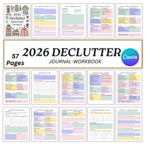 May include: A 2026 Declutter Journal-Workbook with 57 pages. The cover features a drawing of a closet, clothing, and other items. Inside, checklists and worksheets are organized by room and topic, with sections for goals and emotional tracking. The Canva logo is visible.