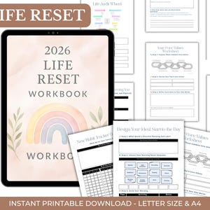 Może przedstawiać: Cyfrowy zeszyt ćwiczeń zatytułowany "LIFE RESET WORKBOOK" z grafiką tęczy. Zeszyt ćwiczeń jest wyświetlany na tablecie, z widocznymi dodatkowymi arkuszami. Tekst "2026 LIFE RESET WORKBOOK" jest wyraźnie widoczny. Obraz zawiera również tekst "INSTANT PRINTABLE DOWNLOAD - LETTER SIZE & A4".