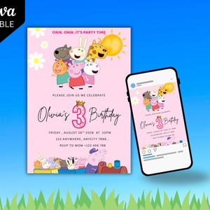 May include: Pink birthday invitation with cartoon characters, a sun, and daisies. The invitation reads "Olivia's 3rd Birthday" with event details. A smartphone displays the same invitation. The Canva logo is in the top left corner.
