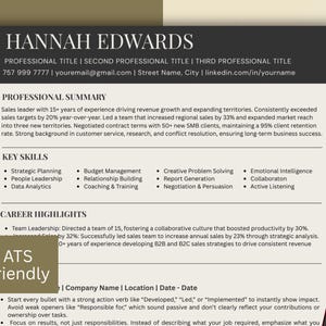 May include: A professional resume template with the name "HANNAH EDWARDS" at the top. The resume includes sections for professional summary, key skills, and career highlights. The text "ATS Friendly" is visible in the lower left corner. A pen is in the lower right corner.