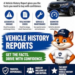May include: An informational graphic for Vinexa vehicle history reports featuring a cartoon fox mascot. The text includes 'KNOW THE HISTORY BEFORE YOU BUY', 'VEHICLE HISTORY REPORTS', 'GET THE FACTS. DRIVE WITH CONFIDENCE', and service details.