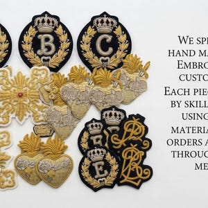 Custom Made Handmade Bullion Wire Embroidered Monogram Patch, Goldwork Crest Badge, Custom Royal Emblem, Luxury Blazer Badge , Bullion Patch