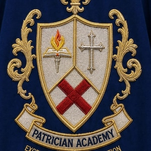 May include: An embroidered crest on a dark blue fabric featuring a shield with a torch, book, cross, and red saltire. Gold filigree surrounds the shield, topped with a fleur-de-lis. A banner reads PATRICIAN ACADEMY and EXCELLENCE THROUGH EDUCATION.