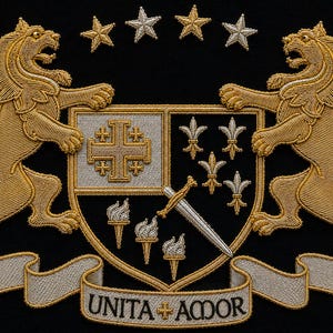 May include: An embroidered patch on a black background featuring two gold lions flanking a shield. The shield displays a gold cross, four silver fleur-de-lis, three torches, and a sword. Above are four stars, and below is a banner with the text UNITA AMOR.