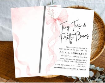Tiny Toes Pretty Bows Baby Shower Invitation, Pink Bow Baby Girl Shower Invite, Editable Canva Template