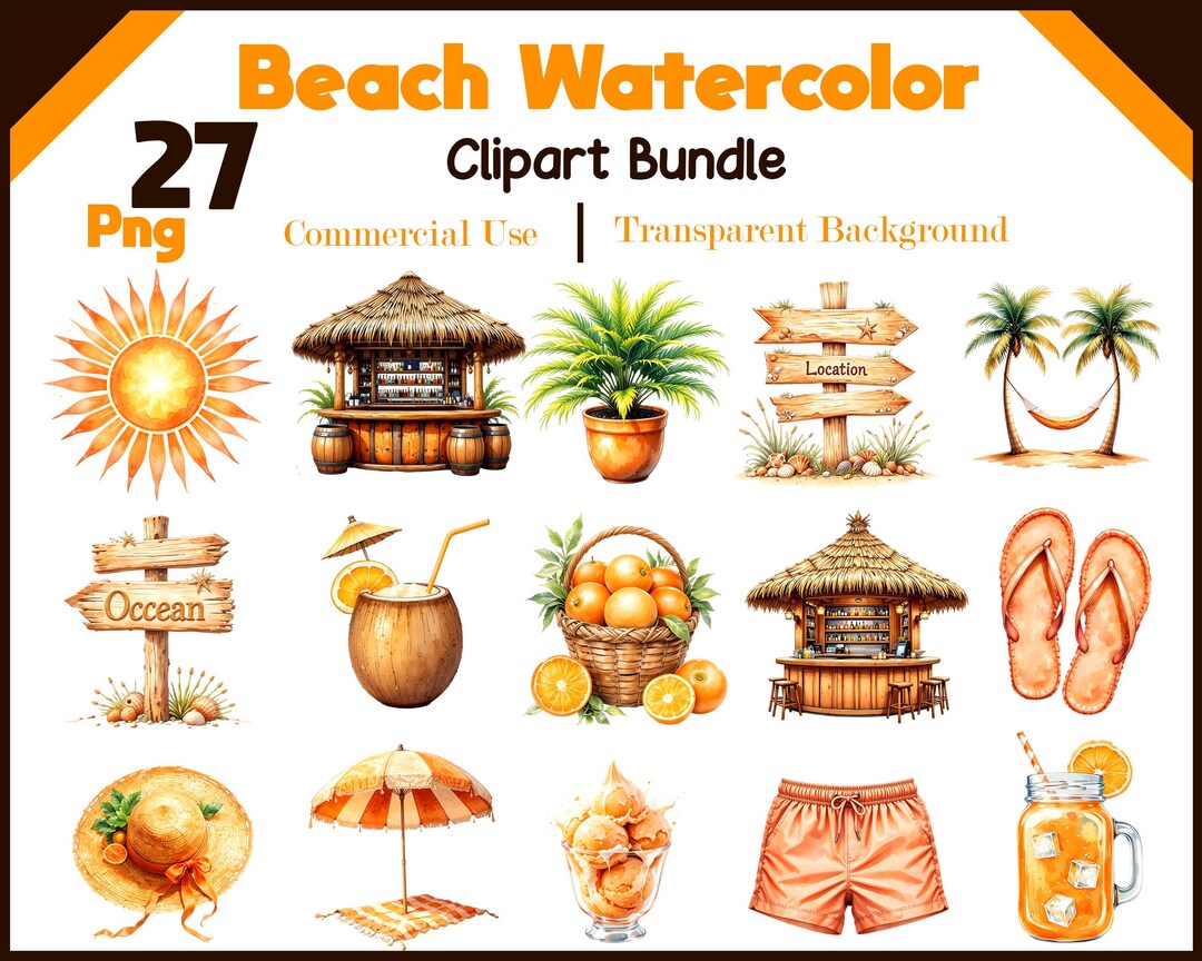 Beach Watercolor Clipart Bundle PNG, Summer Beach Clipart, Tropical ...