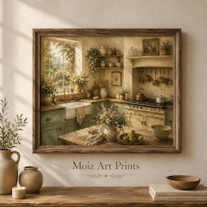 May include: A framed wall art print depicting a rustic kitchen scene with a farmhouse sink, wooden cabinets, a stove, hanging copper pots, and a bowl of pears on a table. The text Moiz Art Prints is centered below the framed artwork.