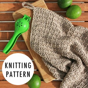 May include: A beige knitted bag with a loop handle rests on a wooden cutting board, next to a green lime squeezer and two limes. The image includes a white circle with the words "KNITTING PATTERN" in black.