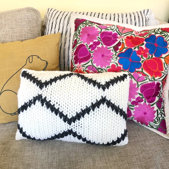 White Chunky Knit Pillow With Black Geometric Chevron Pattern Etsy