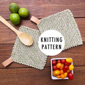 May include: Two square, knitted potholders with leather loops, a wooden spoon, and three limes rest on a wooden surface. A small bowl of tomatoes is also present. The text "KNITTING PATTERN" is in a white circle.