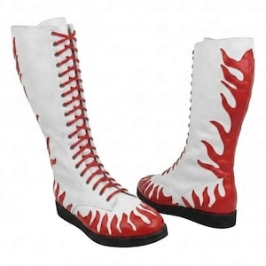 Custom White & Red Flame Wrestling Boots – High-Top Flame Design, Red Laces, Elite Athletic Footwear