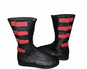 Professional Leather Motorcycle Riding Wrestling Boots – Black High-Top Red Straps (Unisex)