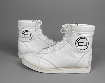 Premium White Leather Pro Wrestling Boots, Custom Embroidered CJ Logo Footwear, Handmade Cowhide Boots by TOPCI