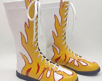 Botas de lucha libre profesional, botas de combate altas con llamas amarillas y rojas - Zapatos de ring de cuero personalizados